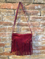 Cross body bag. BOHO suede leather bag in BURGUNDY with fringes. Messenger bag in soft genuine suede leather. Dark red crossbody hippy bag