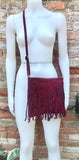 Cross body bag. BOHO suede leather bag in BURGUNDY with fringes. Messenger bag in soft genuine suede leather. Dark red crossbody hippy bag