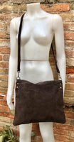 Dark brown suede messenger bag. Soft genuine leather crossbody / shoulder bag for books, tablets. Chocolate brown suede purse.