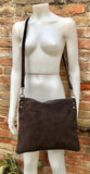 Dark brown suede messenger bag. Soft genuine leather crossbody / shoulder bag for books, tablets. Chocolate brown suede purse.