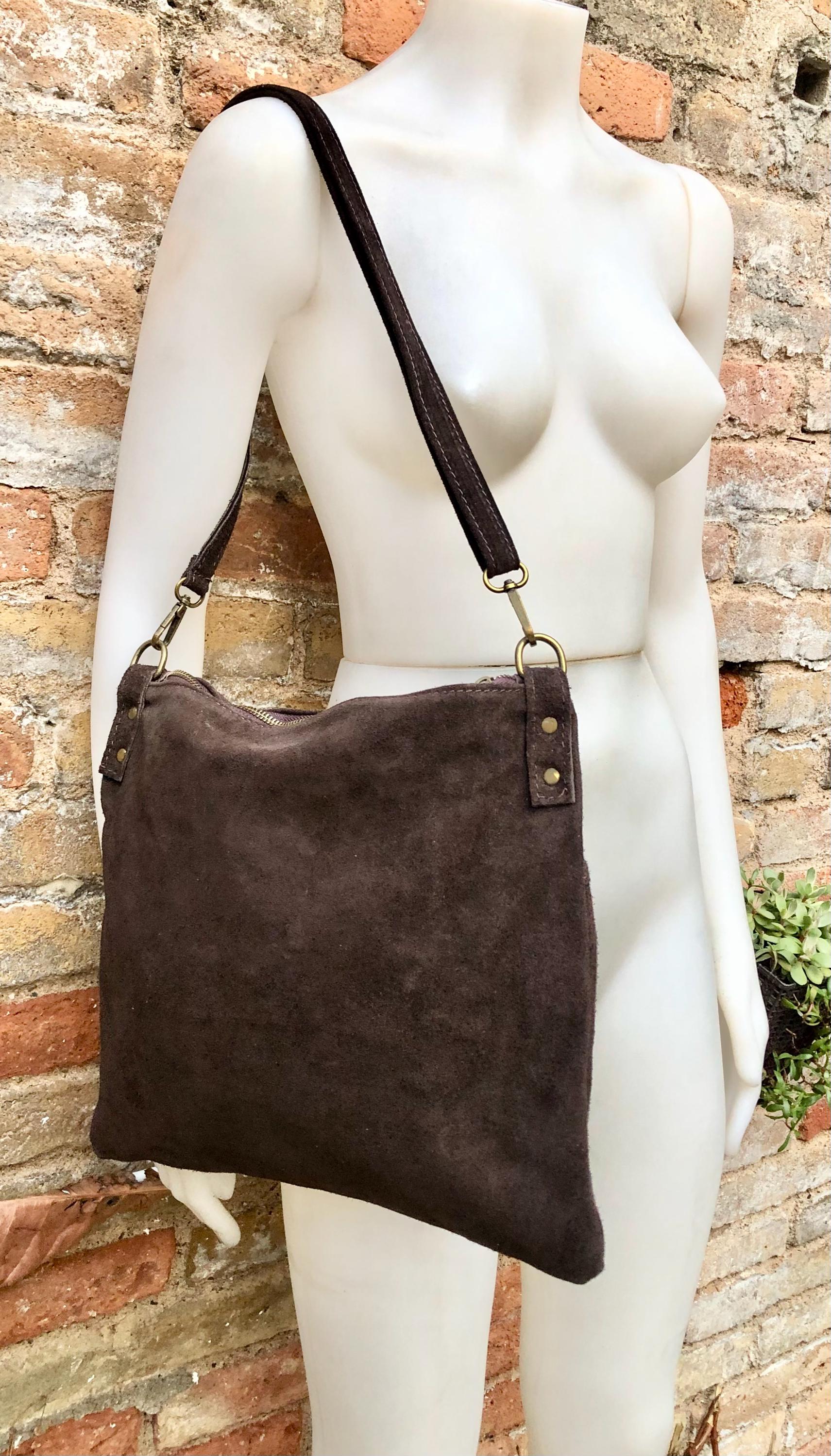 Dark brown suede messenger bag. Soft genuine leather crossbody / shoulder bag for books, tablets. Chocolate brown suede purse.