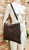 Dark brown suede messenger bag. Soft genuine leather crossbody / shoulder bag for books, tablets. Chocolate brown suede purse.