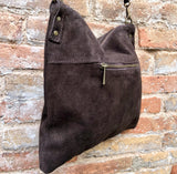 Dark brown suede messenger bag. Soft genuine leather crossbody / shoulder bag for books, tablets. Chocolate brown suede purse.