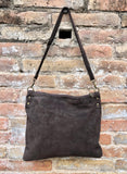 Dark brown suede messenger bag. Soft genuine leather crossbody / shoulder bag for books, tablets. Chocolate brown suede purse.
