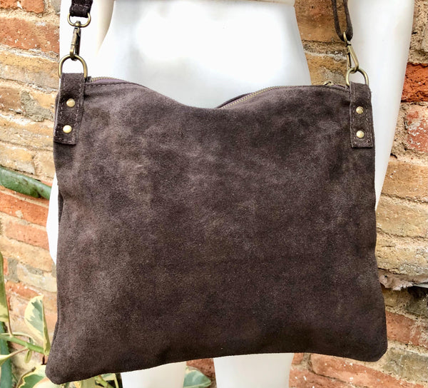 Dark brown suede messenger bag. Soft genuine leather crossbody / shoulder bag for books, tablets. Chocolate brown suede purse.