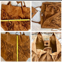 Camel brown fringed shopper bag in genuine suede leather. Saddle brown tote bag for laptops, tablets, books. Brown leather purse + fringes