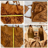 Camel brown fringed shopper bag in genuine suede leather. Saddle brown tote bag for laptops, tablets, books. Brown leather purse + fringes