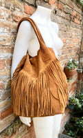 Camel brown fringed shopper bag in genuine suede leather. Saddle brown tote bag for laptops, tablets, books. Brown leather purse + fringes
