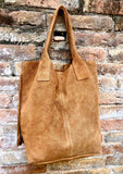 Camel brown fringed shopper bag in genuine suede leather. Saddle brown tote bag for laptops, tablets, books. Brown leather purse + fringes