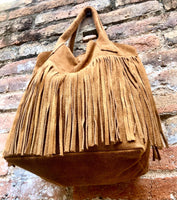 Camel brown fringed shopper bag in genuine suede leather. Saddle brown tote bag for laptops, tablets, books. Brown leather purse + fringes