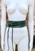 Dark green wrap belt in soft leather. LONGER option. Waist, dress or wraparound belt in dark green genuine leather. Boho green obi belt.