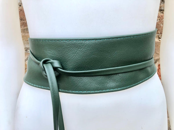 Dark green wrap belt in soft leather. LONGER option. Waist, dress or wraparound belt in dark green genuine leather. Boho green obi belt.