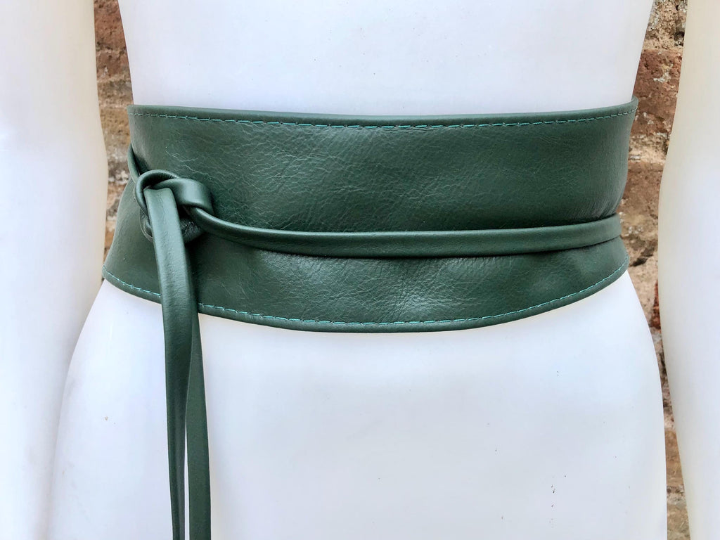 Dark green wrap belt in soft leather. LONGER option. Waist, dress or wraparound belt in dark green genuine leather. Boho green obi belt.