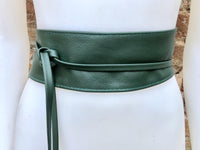 Dark green wrap belt in soft leather. LONGER option. Waist, dress or wraparound belt in dark green genuine leather. Boho green obi belt.