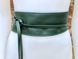 Dark green wrap belt in soft leather. LONGER option. Waist, dress or wraparound belt in dark green genuine leather. Boho green obi belt.