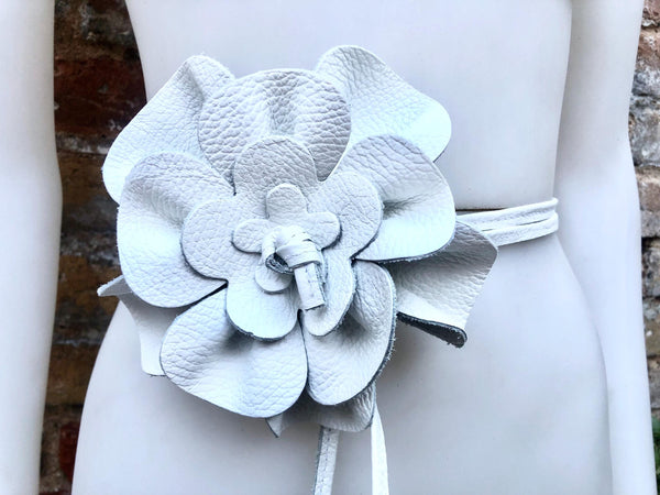 Flower leather belt in WHITE. Waist, overall or dress belt. Genuine leather. White rose belt. Large white leather flower.