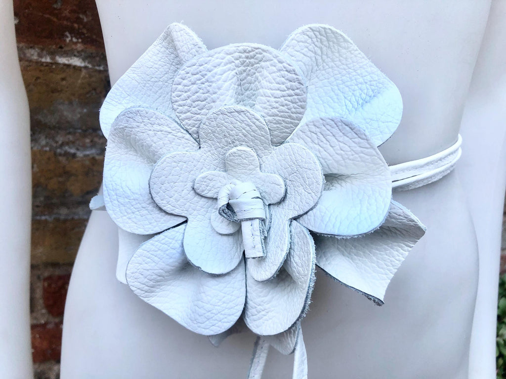 Flower leather belt in WHITE. Waist, overall or dress belt. Genuine leather. White rose belt. Large white leather flower.