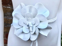 Flower leather belt in WHITE. Waist, overall or dress belt. Genuine leather. White rose belt. Large white leather flower.