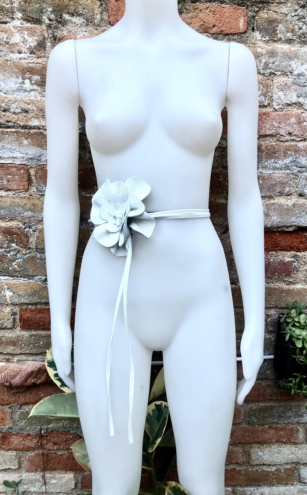 Flower leather belt in WHITE. Waist, overall or dress belt. Genuine leather. White rose belt. Large white leather flower.