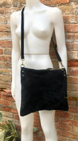 BLACK suede messenger bag. Soft genuine leather crossbody / shoulder bag for books, tablets. BLACK suede purse. Adjustable strap + zipppers