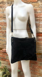 BLACK suede messenger bag. Soft genuine leather crossbody / shoulder bag for books, tablets. BLACK suede purse. Adjustable strap + zipppers