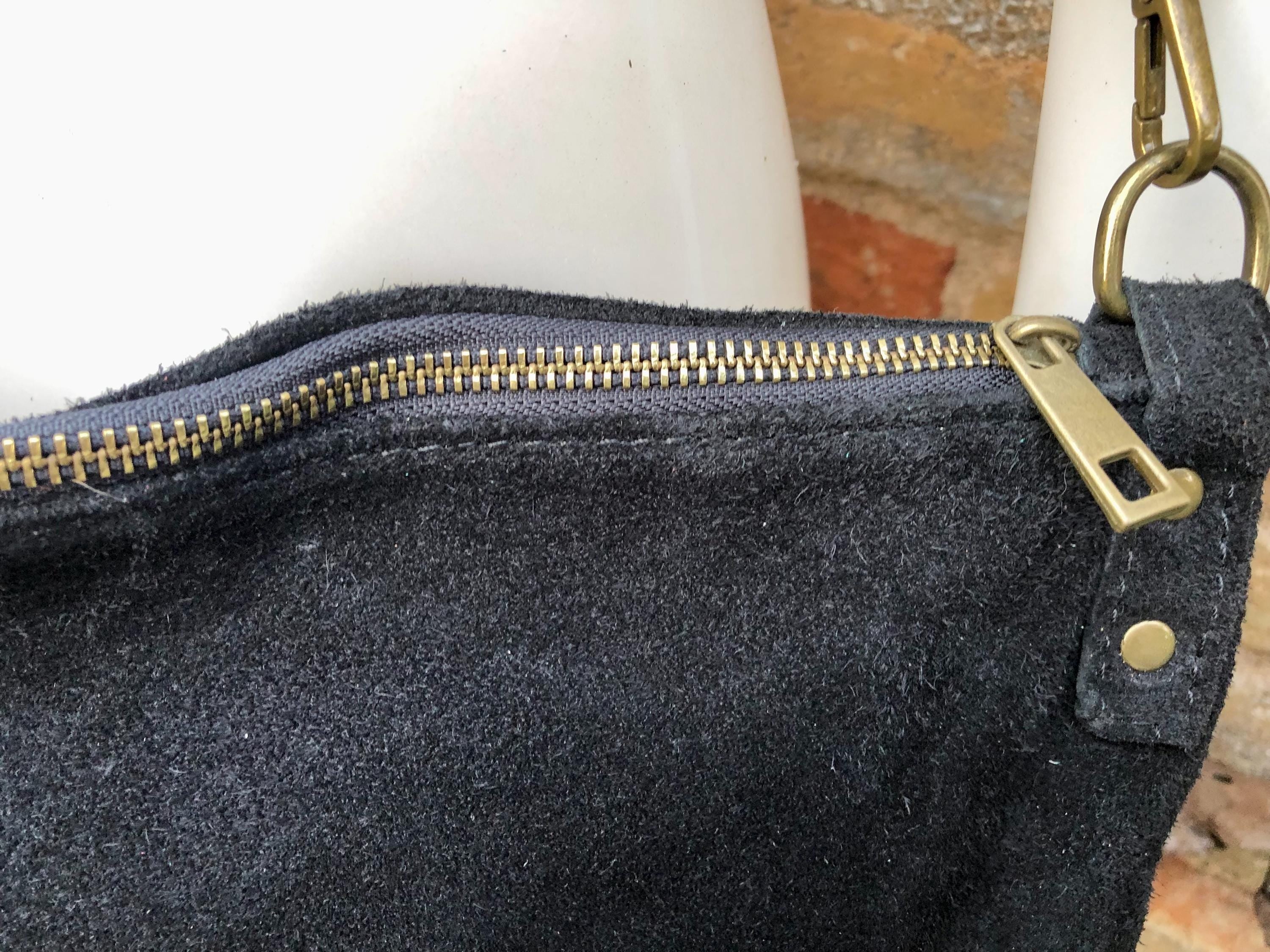 BLACK suede messenger bag. Soft genuine leather crossbody / shoulder bag for books, tablets. BLACK suede purse. Adjustable strap + zipppers