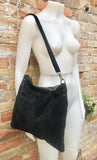 BLACK suede messenger bag. Soft genuine leather crossbody / shoulder bag for books, tablets. BLACK suede purse. Adjustable strap + zipppers