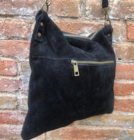BLACK suede messenger bag. Soft genuine leather crossbody / shoulder bag for books, tablets. BLACK suede purse. Adjustable strap + zipppers