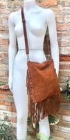Brown crossbody / shoulder bag. Rusty brown boho suede leather bag with FRINGES. Genuine leather messenger with 2 straps. Brown suede purse