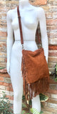 Brown crossbody / shoulder bag. Rusty brown boho suede leather bag with FRINGES. Genuine leather messenger with 2 straps. Brown suede purse