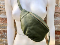 Green FANNY pack .Small leather crossbody/ hip bag, bum pack bag in GENUINE leather. Khaki purse with adjustable strap