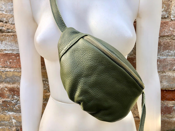 Green FANNY pack .Small leather crossbody/ hip bag, bum pack bag in GENUINE leather. Khaki purse with adjustable strap