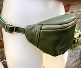 Green FANNY pack .Small leather crossbody/ hip bag, bum pack bag in GENUINE leather. Khaki purse with adjustable strap