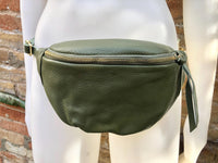 Green FANNY pack .Small leather crossbody/ hip bag, bum pack bag in GENUINE leather. Khaki purse with adjustable strap