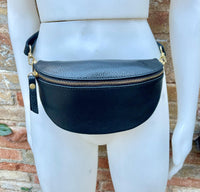 Black FANNY pack .Small leather crossbody/ hip bag, bum pack bag in GENUINE leather. Black leather purse with adjustable strap. Small bag