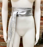 2 sided BRONZE - SILVER obi belt. Soft genuine leather wrap belt. Wide wraparound waist belt. Boho dress belt in metallic effect leather.