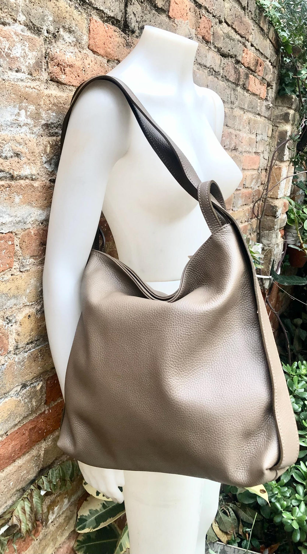 Light brown genuine leather rucksack/ shoulder bag . Taupe color genuine leather shopper. Dark beige carry all / backpack- Greyge purse