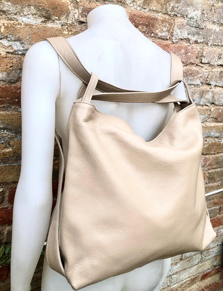 Beige genuine leather rucksack/ shoulder bag.Cream color genuine leather shopper.Beige carry all / backpack- Light beige large leather purse