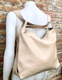Beige genuine leather rucksack/ shoulder bag. Beige genuine leather shopper. Beige carry all / backpack- Beige large leather purse