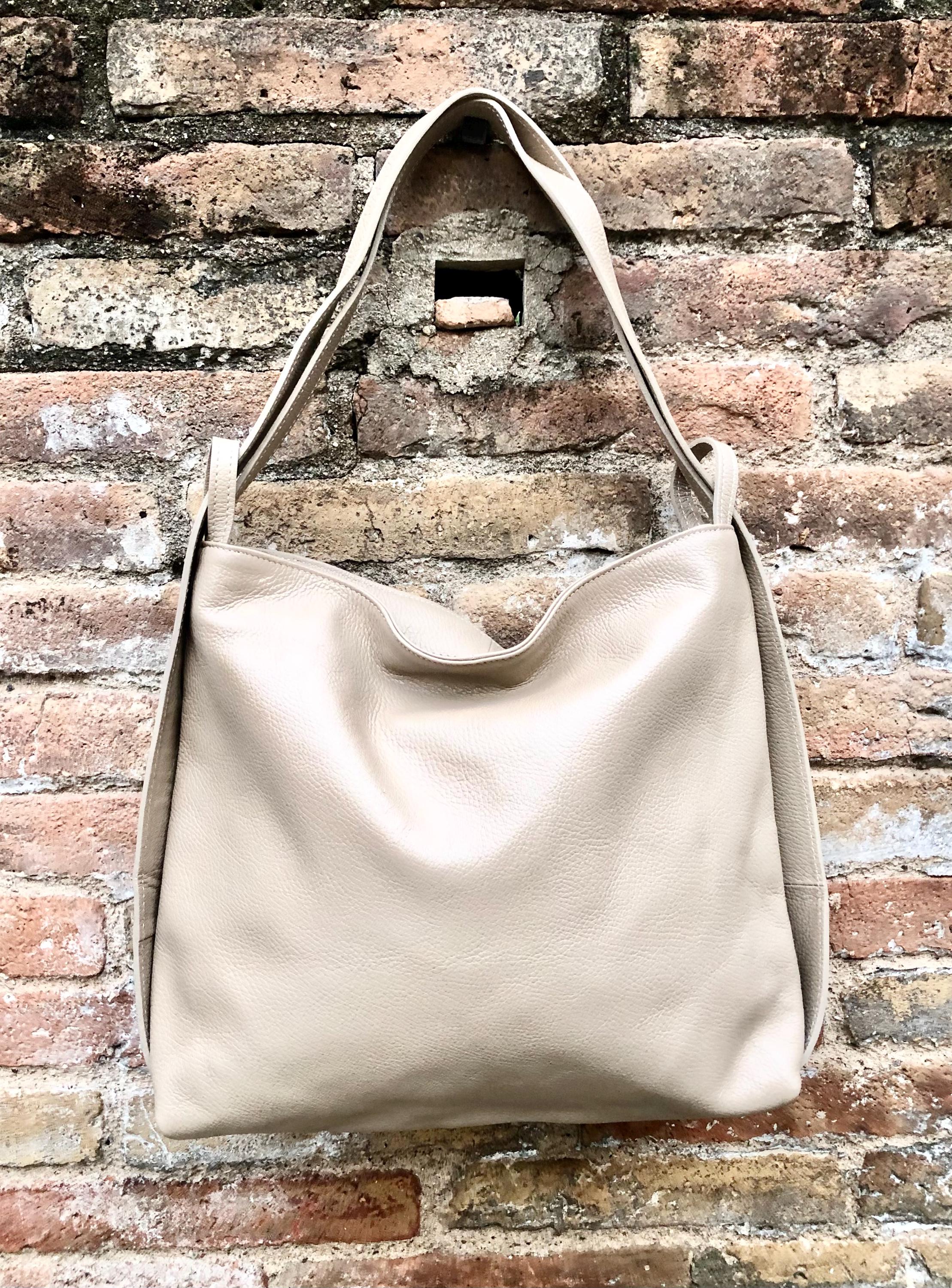 Beige genuine leather rucksack/ shoulder bag.Cream color genuine leather shopper.Beige carry all / backpack- Light beige large leather purse