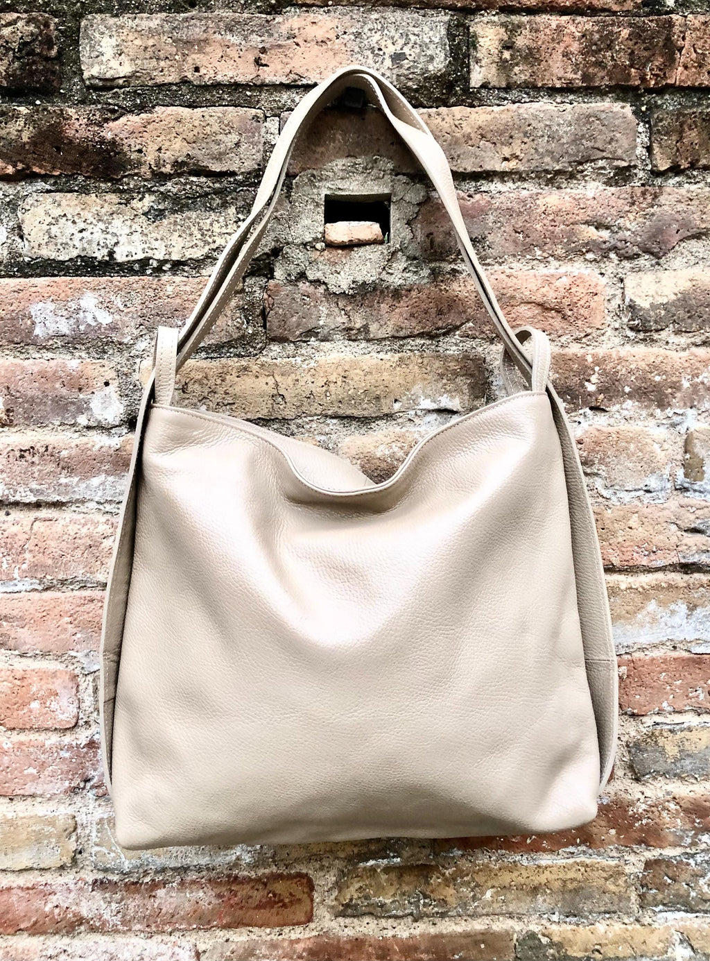 Beige genuine leather rucksack/ shoulder bag.Cream color genuine leather shopper.Beige carry all / backpack- Light beige large leather purse