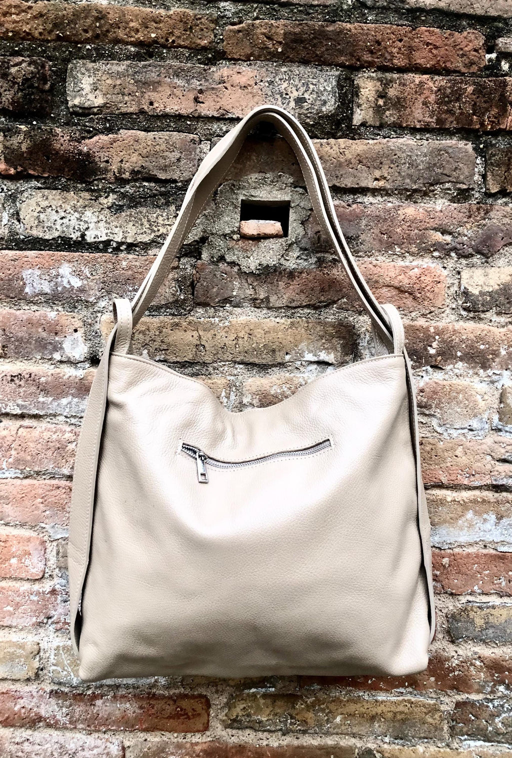 Beige genuine leather rucksack/ shoulder bag.Cream color genuine leather shopper.Beige carry all / backpack- Light beige large leather purse