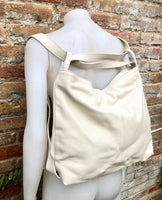 Cream color genuine leather rucksack/ shoulder bag. Light beige genuine leather shopper. Broken white carry all / backpack