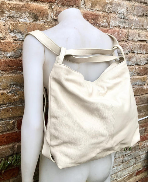 Cream color genuine leather rucksack/ shoulder bag. Light beige genuine leather shopper. Broken white carry all / backpack