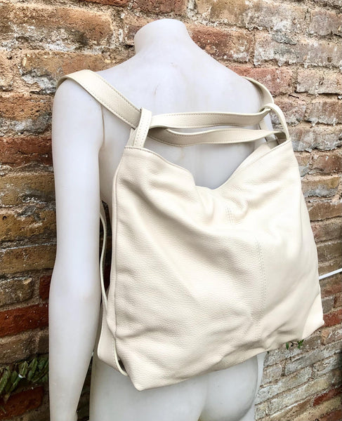 Cream color genuine leather rucksack/ shoulder bag. Light beige genuine leather shopper. Broken white carry all / backpack