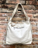 Cream color genuine leather rucksack/ shoulder bag. Light beige genuine leather shopper. Broken white carry all / backpack