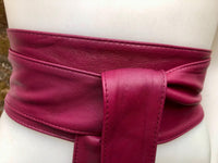 Plum obi belt. Wrap belt in soft genuine leather. Wraparound waist belt. Wide style. Burgundy boho dress belt. Wine red overall belt.