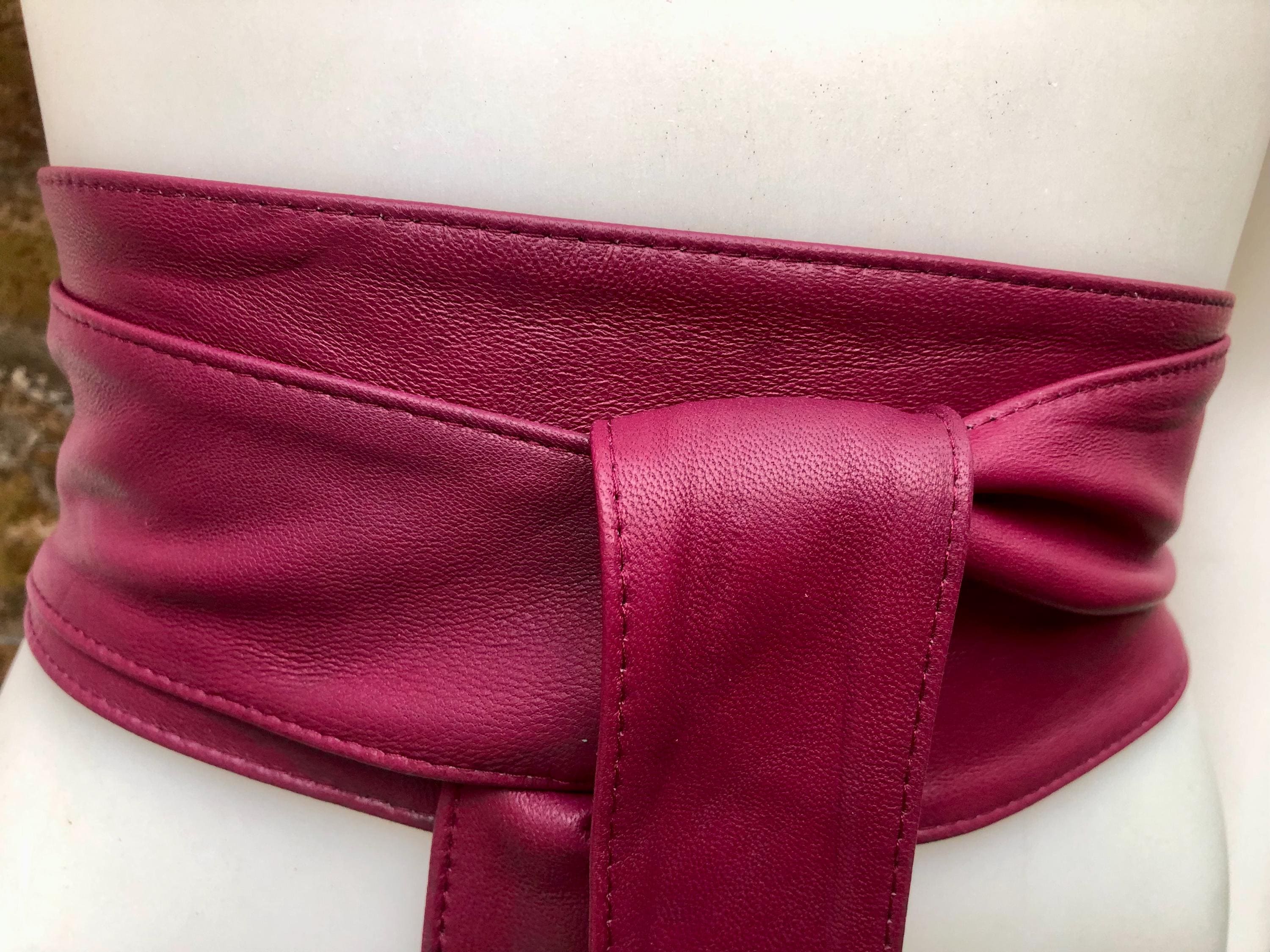 Plum obi belt. Wrap belt in soft genuine leather. Wraparound waist belt. Wide style. Burgundy boho dress belt. Wine red overall belt.