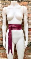 Plum obi belt. Wrap belt in soft genuine leather. Wraparound waist belt. Wide style. Burgundy boho dress belt. Wine red overall belt.