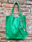 Bright GREEN tote leather bag. Genuine leather shopper. Large carry all bag for your laptop / books. GREEN leather shoulder bag. Green purse